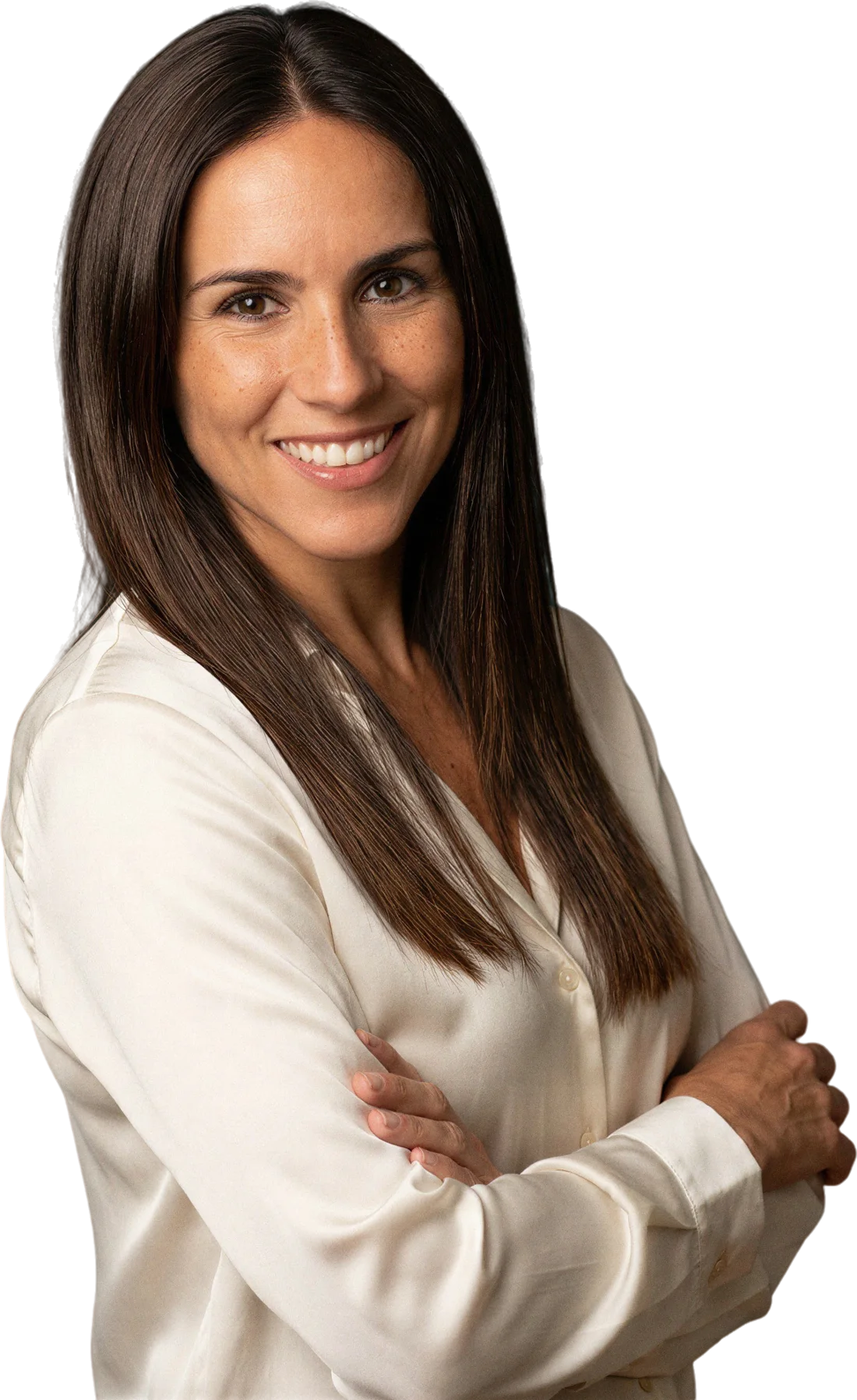 Retrato em preto e branco da professora Patrícia Diez Garisto, sorrindo, de braços cruzados